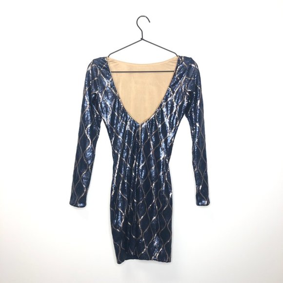 Dress The Population Lola Long Sleeve Mini Bodycon Dress, Blue Gold, Women XS - Picture 2 of 10